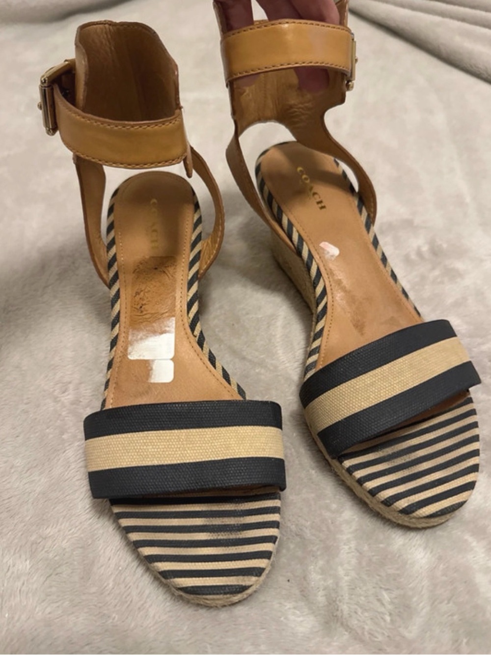 Coach Helen Striped Esoadrilles Wedge Sandals Leather Ankle Strap Suze 9